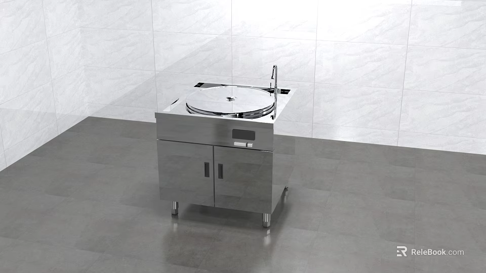 Stainless Steel Kitchen Equipment With Sink And Cabinets On Gray Floor In White Wall Kitchen 3d model 