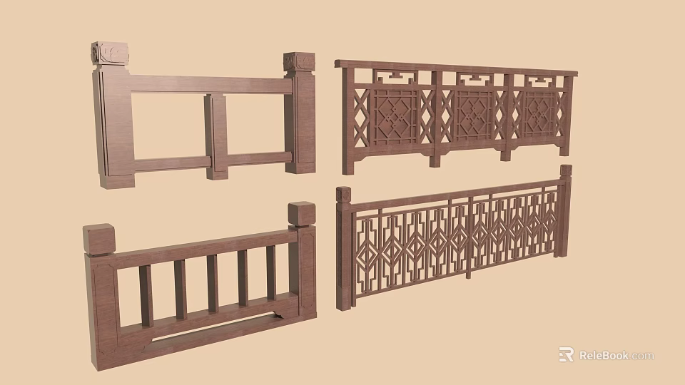 Traditional Wooden Railings With Intricate Carvings And Various Designs 3d model 