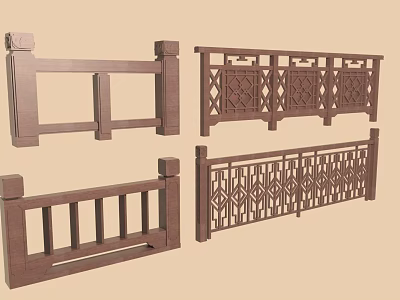 Traditional Wooden Railings With Intricate Carvings And Various Designs 3d model