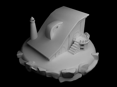 Whimsical Cartoon Scene With Small House Lighthouse Staircase And Rock Base 3d model