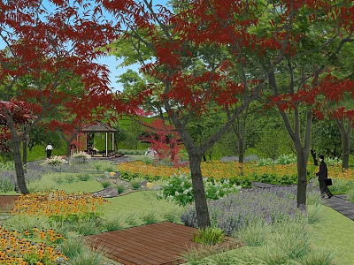 Vibrant Park Landscape With Red Green Leaves Gazebo Colorful Flowers And Wooden Pathway 3d model