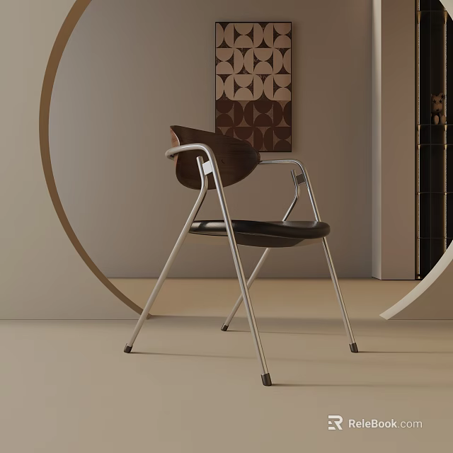 Modern Leisure Chair With Metal Frame Wooden Backrest Black Seat And Geometric Wall Decor 3d model 