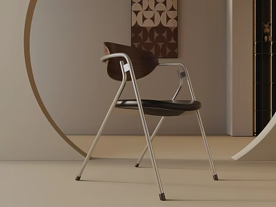 Modern Leisure Chair With Metal Frame Wooden Backrest Black Seat And Geometric Wall Decor 3d model