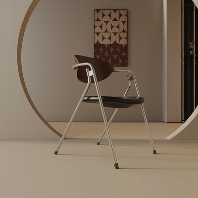 Modern Leisure Chair With Metal Frame Wooden Backrest Black Seat And Geometric Wall Decor 3d model