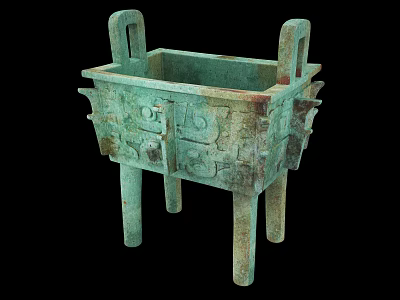 Ancient Chinese Bronze Ding Vessel With Square Shape And Ornate Carvings 3d model
