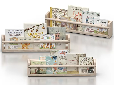 Wooden Book Racks Displaying Colorful Storybooks and Magazines on Shelves 3d model