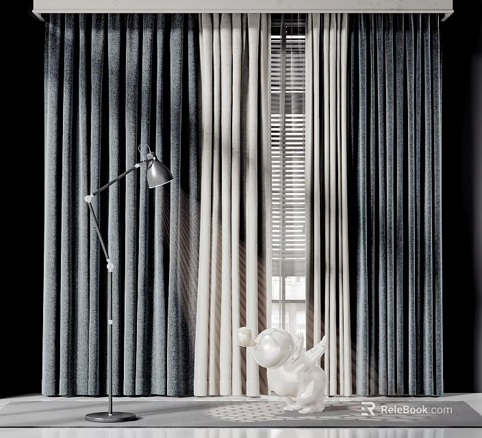 Elegant Curtain Design With Gray And White Panels Floor Lamp And Window Blinds 3d model 