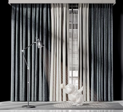 Elegant Curtain Design With Gray And White Panels Floor Lamp And Window Blinds 3d model