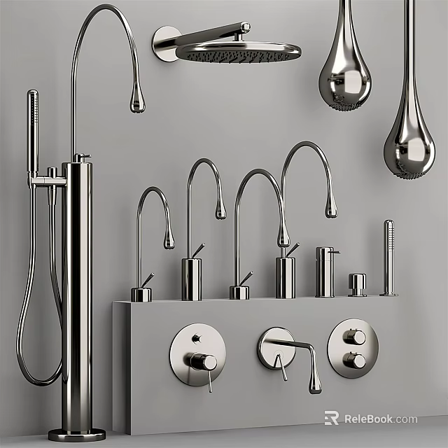 Modern Chrome Shower System With Handheld Overhead Heads And Control Fixtures 3d model 