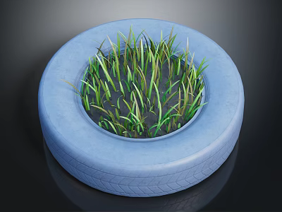 Green Grass Growing Lush Inside a Blue Recycled Tire Planter Container 3d model