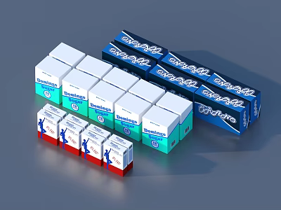 Multiple Daily Necessities Product Boxes Stacked In White Blue Red Colors 3d model