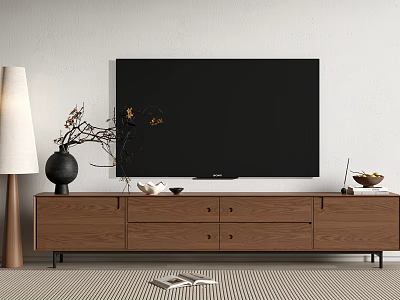 Modern TV Stand With Flat TV Decorative Vase Ornaments Floor Lamp And Striped Rug 3d model
