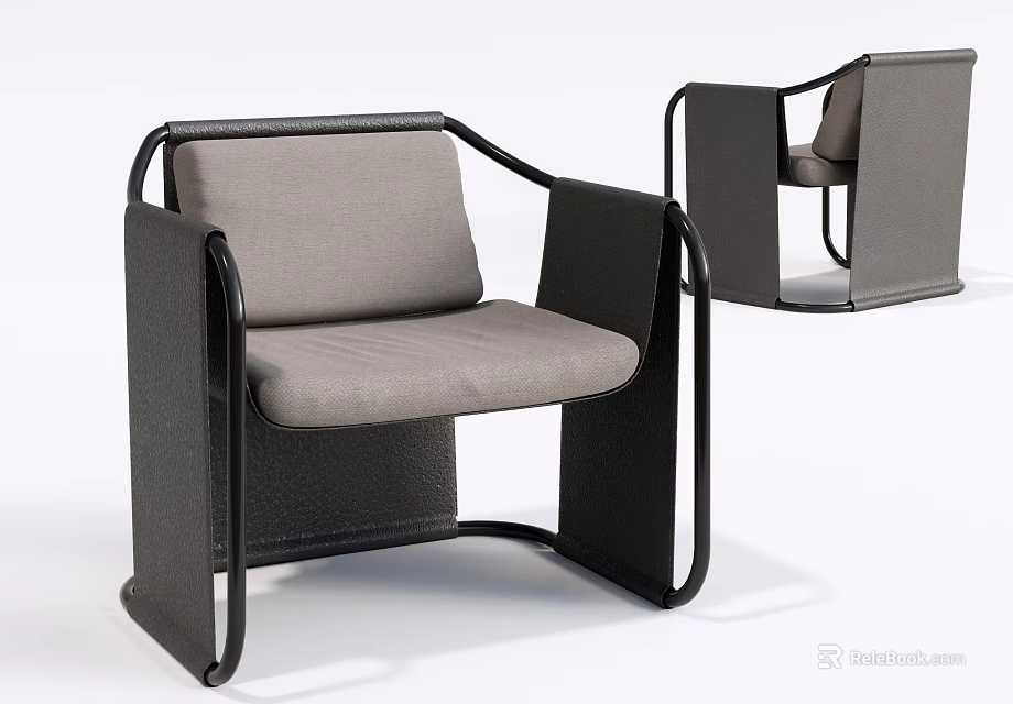 Modern Accent Chair With Black Metal Frame And Gray Fabric Cushion 3d model 