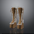 Brown Knee High Boots With White Fur Trim Lace Up Design And Thick Soles