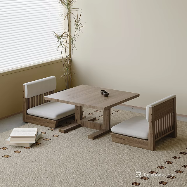Japanese Style Wooden Tea Table And Chairs With Upholstered Seats In Indoor Space 3d model 