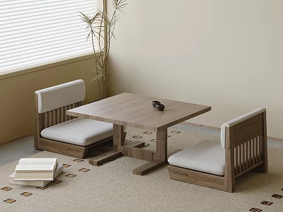 Japanese Style Wooden Tea Table And Chairs With Upholstered Seats In Indoor Space 3d model