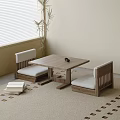 Japanese Style Wooden Tea Table And Chairs With Upholstered Seats In Indoor Space