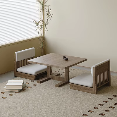 Japanese Style Wooden Tea Table And Chairs With Upholstered Seats In Indoor Space 3d model