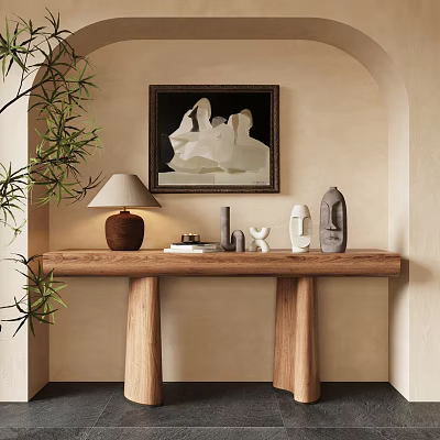 Wooden Console Table in Beige Wall with Decorative Painting Green Plant Table Lamp and Books 3d model
