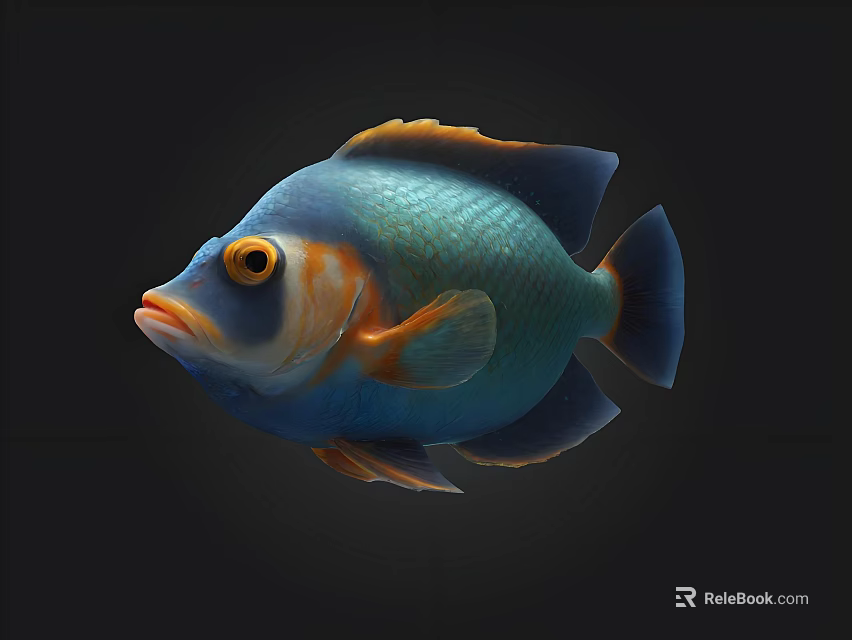Vibrant Blue And Orange Fish With Yellow Eyes On Dark Background Realistic Rendering 3d model 