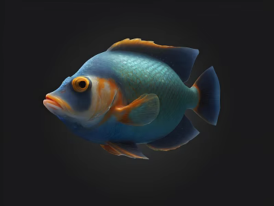 Vibrant Blue And Orange Fish With Yellow Eyes On Dark Background Realistic Rendering 3d model