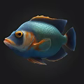 Vibrant Blue And Orange Fish With Yellow Eyes On Dark Background Realistic Rendering