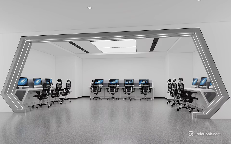 Modern Security Monitoring Room Interior With Multiple Screens And Control Consoles 3d model 