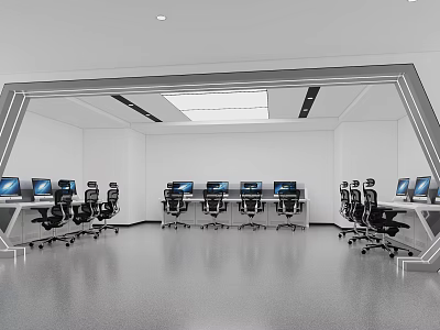 Modern Security Monitoring Room Interior With Multiple Screens And Control Consoles 3d model