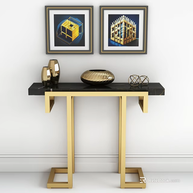 Elegant Modern Entryway Console Table With Gold Legs Black Top And Framed Artworks 3d model 
