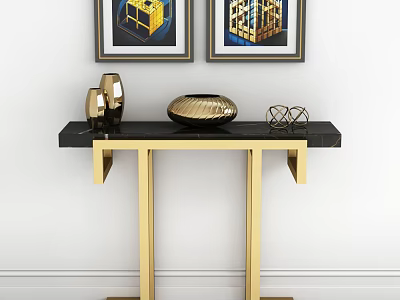 Elegant Modern Entryway Console Table With Gold Legs Black Top And Framed Artworks 3d model