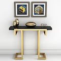 Elegant Modern Entryway Console Table With Gold Legs Black Top And Framed Artworks