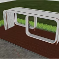 Modern White Pergola With Bench Seating Wooden Floor And Green Plants Against Blue Sky