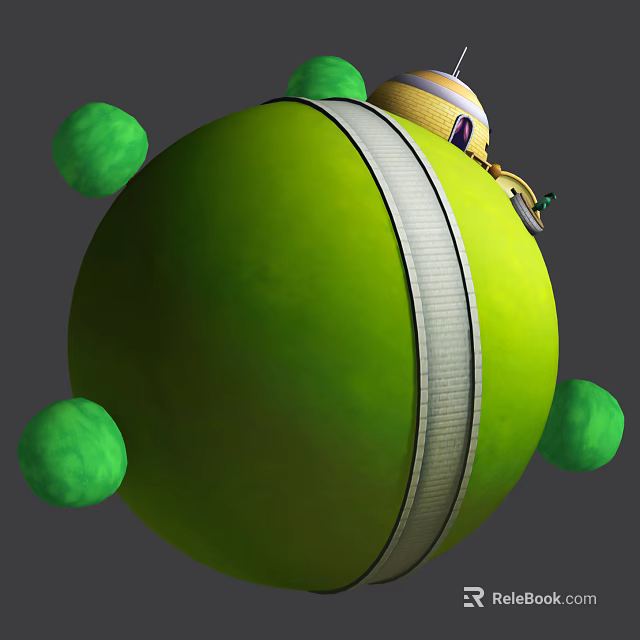 Playful Cartoon Scene With Green Sphere Yellow Character Helmet Green Bumps And White Strap 3d model 