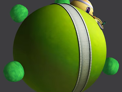 Playful Cartoon Scene With Green Sphere Yellow Character Helmet Green Bumps And White Strap 3d model