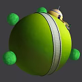 Playful Cartoon Scene With Green Sphere Yellow Character Helmet Green Bumps And White Strap