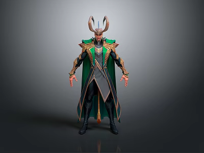 3D Rendered Loki Character Model With Green Gold Cape Horned Helmet And Detailed Armor 3d model
