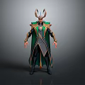 3D Rendered Loki Character Model With Green Gold Cape Horned Helmet And Detailed Armor