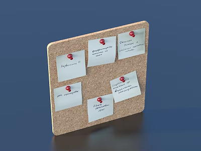 Household Corkboard Organizer with Sticky Notes Attached by Red Push Pins 3d model