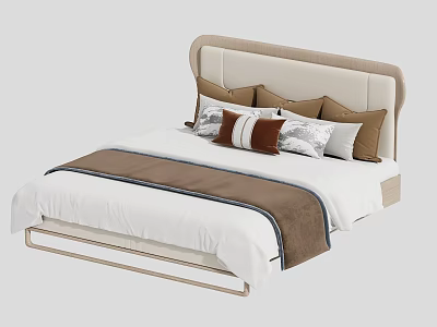 Modern Double Bed with Beige Headboard Multiple Pillows and Brown White Striped Blanket 3d model