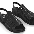 Black Leather Open Toe Sandals With Strappy Design Thick Sole And Metallic Buckle