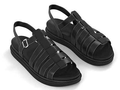 Black Leather Open Toe Sandals With Strappy Design Thick Sole And Metallic Buckle 3d model