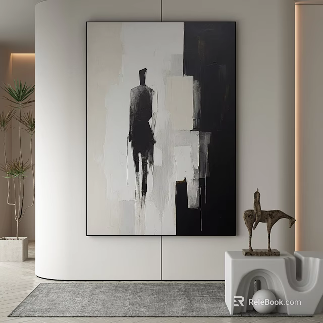 Modern Abstract Painting With Black White Silhouette And Geometric Shapes On Wall 3d model