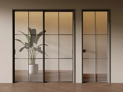 Modern Glass Sliding Doors With Black Grid Frames And Indoor Plant On Wooden Floor Interior 3d model