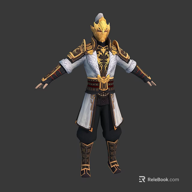 3D Oriental Warrior Character With Golden Armor White Robe And Intricate Decorative Details 3d model 