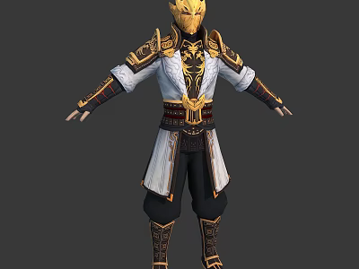 3D Oriental Warrior Character With Golden Armor White Robe And Intricate Decorative Details 3d model