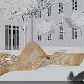Wooden Outdoor Chair With Wavy Design And Perforated Texture In Modern Building Outdoor Space