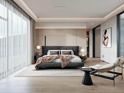 Modern Bedroom Interior With Large Bed Nightstands Area Rug Armchair And Artwork 3d model
