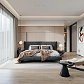 Modern Bedroom Interior With Large Bed Nightstands Area Rug Armchair And Artwork