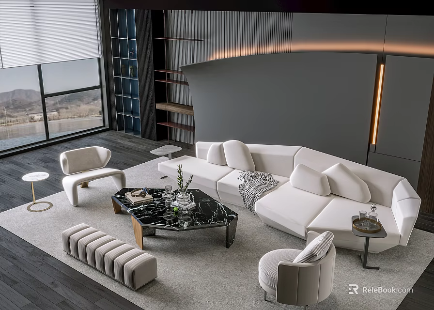 Modern Living Room White Sofa And Coffee Table Set With Black Marble Top And Armchairs 3d model 