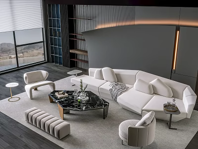 Modern Living Room White Sofa And Coffee Table Set With Black Marble Top And Armchairs 3d model